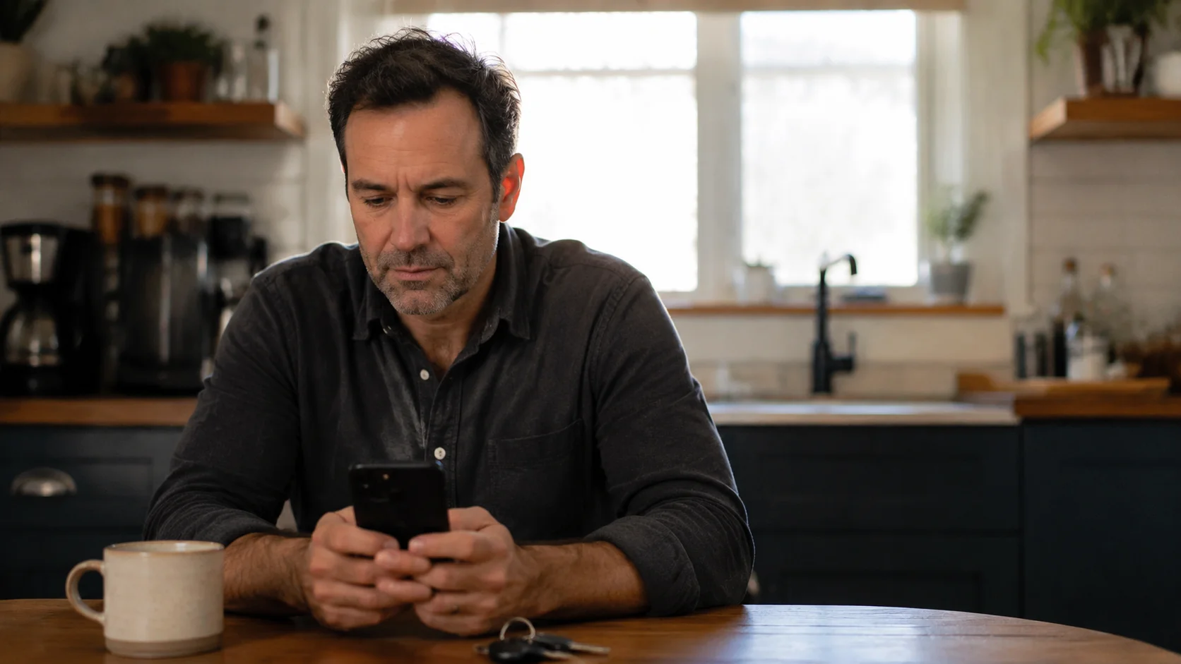 A business owner checking their phone at a kitchen table in the morning